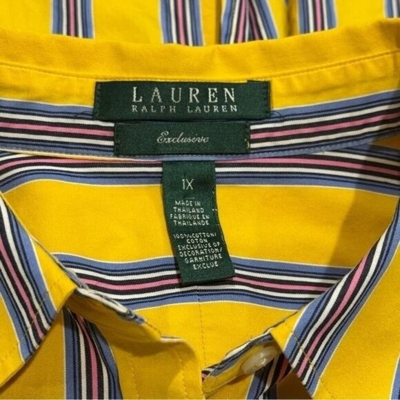 Lauren Ralph Lauren Yellow Striped Boxy Button Down Peasant Bohemian Artsy 1X - Picture 9 of 11